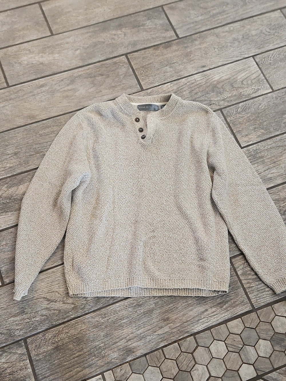 Oscar de la Renta Crewneck Henley Sweater in Light Beige